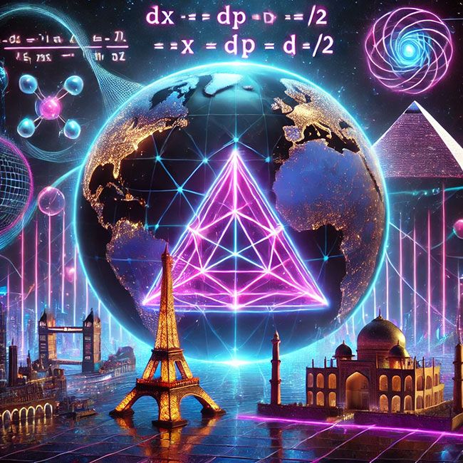 Immagine creata dalla Intelligenza Artificiale del mondo in stile cyberpunk con del simbolismo che riguardano temi di fisica Explorers Around